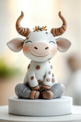 Statuette of a cute Taurus zodiac sign with small horns on a white round pedestal. Eastern horoscope porcelain figurine, element of decor.