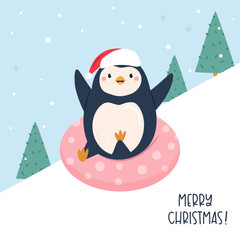 Cute Penguin Sledding Christmas Card. Fun Winter Holiday Illustration