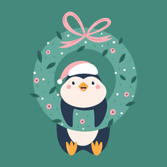 Cute Christmas Penguin Illustration. Funny Winter Holiday Penguin Hanging in Decorative Wreath. Fun Winter Holiday Illustration for Seasonal Greetings