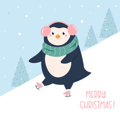Cute Penguin Sledding Christmas Card. Fun Winter Holiday Illustration for Seasonal Greetings