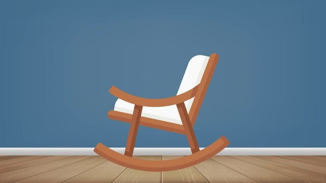 Rocking chair in a room with a blue wall on a wooden floor. Looping video