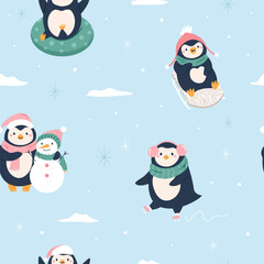 Cute Christmas Pattern with Penguins in Santa Hats Sliding in the Forest. Festive Illustration for Holiday Wrapping Paper, Gift Boxes, Textile
