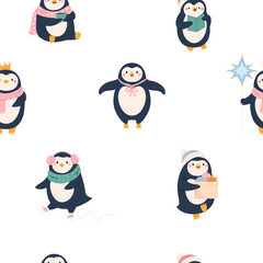 Cute Christmas Penguin Pattern with Santa Hats, Gifts, and Holiday Decorations. Festive Illustration for Holiday Wrapping Paper, Gift Boxes, Textile