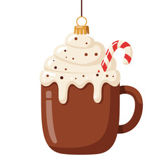 Hot chocolate mug with whipped cream and candy cane ornament for Christmas, Christmas toy  