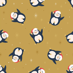 Cute Christmas Pattern with Snowman in Hats, Pink Birds Forest Trees. Festive Illustration for Holiday Wrapping Paper, Gift Boxes, Textile