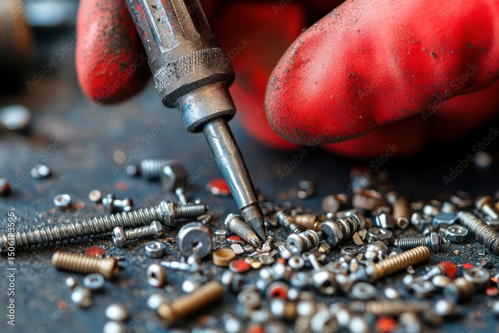 Poster red robotic hand holding a metallic screw with various nuts and bolts scattered around in a modern i