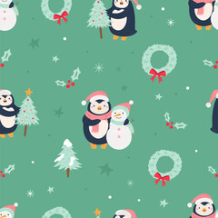 Cute Christmas Pattern with Penguins Decorating Christmas Trees and Snowman