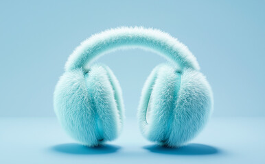 Fluffy turquoise earmuffs on a pastel blue background. 