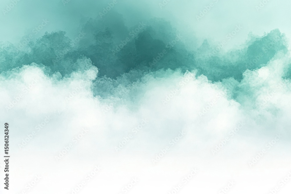Poster Soft mist envelops a tranquil landscape at dawn, creating an ethereal atmosphere over the serene horizon and surrounding nature