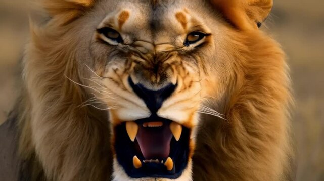 One giant and a dangerous lion roaring looking at the camera, 4k footage of the lion, A lion is a large cat of the Panthera leo species, known for its muscular build