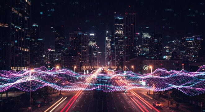 Urban data stream flows through illuminated city streets at night - Powered by Adobe