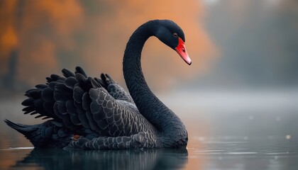 Black swan swims lake. Graceful bird with black feathers, red beak swims water. Wild animal, wildlife in natural environment. Focus on cygnet. Beauty in nature, peaceful scene.
