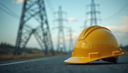 Yellow hard hat sits on asphalt road near blurred power line structure. Safety gear, construction industry, electrical infrastructure concept. Power lines in background show energy, high voltage tech.
