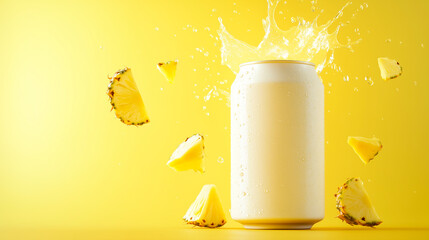 White can with pineapple soda splash on vibrant yellow background. 