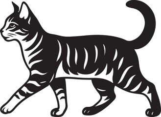 Walking striped cat vector style drawing, Striped cat illustration black and white