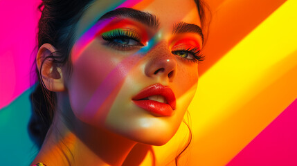 Colorful pop art portrait of a glamorous woman with bold eye makeup.