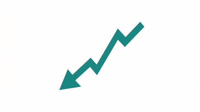 Zigzag downward arrow in flat graphic style on white background, symbolizing decline, loss, decrease or financial downturn