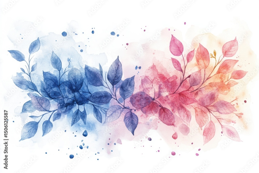 Poster beautiful watercolor leaves arranged in a lotus shape reflecting on a surface in serene colors of or