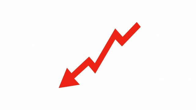 Red jagged arrow pointing downwards, flat graphic style, isolated on white background, symbolizing loss, failure, or market decline