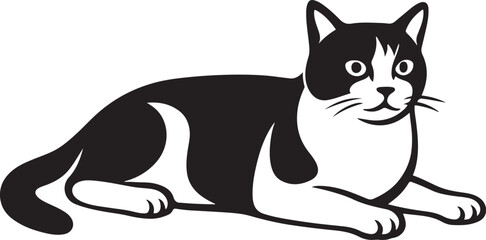 Cartoon cat lying down black and white style, Relaxed pet cat flat illustration