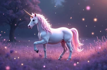 Fototapete Pony White unicorn with pink mane, tail stands in purple glade at night. Magic glow around, fairy tale scene. Fantasy illustration for children, art, design. Beautiful fairytale horse.  © Vadym