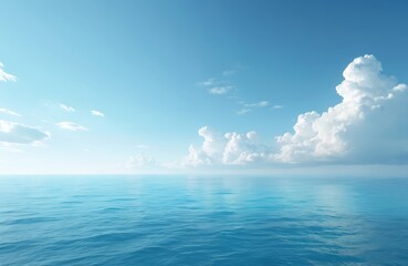 Picturesque view of blue ocean meeting the horizon under the bright blue sky. White clouds float in sky. Tranquil seascape, ideal for vacation, travel or relax themes. Perfect for background.