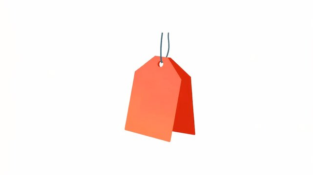Orange blank price tag with string hanging, minimal graphic style, isolated on white background, concept of discount, sale or promotion
