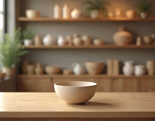 Obraz premium Empty beige ceramic bowl wooden table, blurred shop background. Home decor, kitchenware, minimalist design. Ideal for product placement, restaurant branding, food photo backdrop. Calm interior vibes.