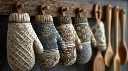 Cozy Knitted Mittens and Wooden Spoons Hanging on Rustic Hooks for Kitchen Decor
