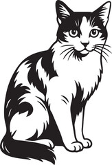 Seated cat black and white illustration drawing, Cat in sitting position flat artwork