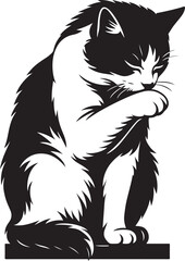 Grooming cat silhouette black and white art, Cat cleaning itself minimal sketch