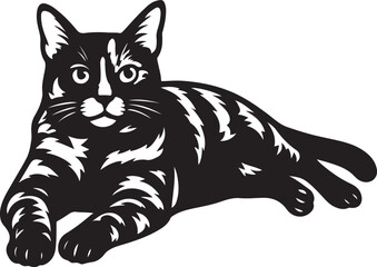 Relaxing cat elegant black and white silhouette, Calm pet illustration minimal design