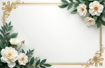 Gold frame white background with green leaves. White flowers in corners. Decorative vintage design. Floral border for wedding, invitation cards. Elegant baroque ornament for greeting. Luxury design.