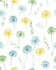 Colorful watercolor floral pattern featuring dandelions in yellow, green and blue on white background