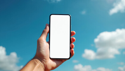 Hand holding phone with blank white screen against bright blue sky with white fluffy clouds. Modern mobile device mockup. Perfect for app UI, website design, ad, presentation, message.