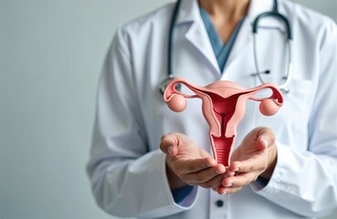 Doctor presents anatomical model of uterus, ovaries. Concept of female reproductive system, gynecological health, diagnostics, treatment. Medical education, health tech. Concept of infertility,