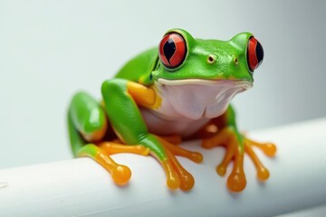 Fototapeta premium Green tree frog perched on white, vibrant skin details, macro, bright