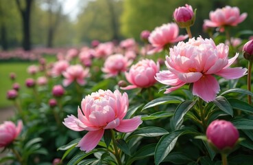 Bush with light pink peony blossoms in park. Beautiful spring flowers, delicate petal texture, fresh green leaves and buds. Garden scene, flowerbed in sunny day, floral wallpaper.