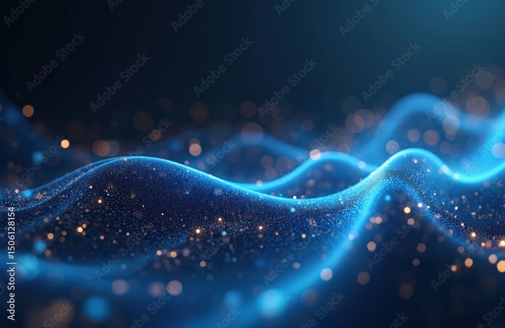 Poster Abstract digital data stream illustration with flowing waves and bokeh effect. Modern AI tech background with flowing binary waves and data points. Futuristic digital technology wallpaper.