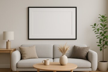 Frame Mockup Modern Home Interior Background Blank Picture Frame Wall Display 3D Render Living Room Setting Art Presentation Template Clean Design Aesthetic