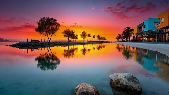 Sunset over Calm Waters - Peaceful, Serene, Majestic - A vibrant sunset casts warm golden and orange hues across the sky and its reflection on the calm water below. Soft clouds float across the sky, a
