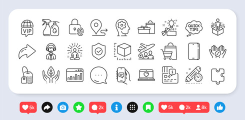 Gifts, Puzzle and Journey line icons pack. Social media: share, comment, like icons. Security shield, Brain working, Fair trade web icon. Fingerprint lock, Yoga, Web love pictogram. Vector