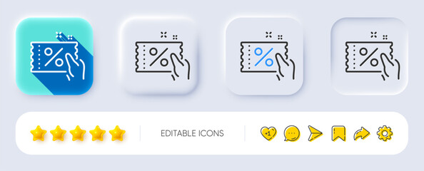 Discount coupon line icon. Neumorphic, Flat shadow, 3d buttons. Sale offer sign. Promotion price symbol. Line discount coupon icon. Social media icons. Vector