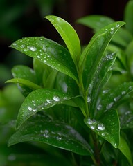 Close-up of vibrant green leaves, glistening with water droplets