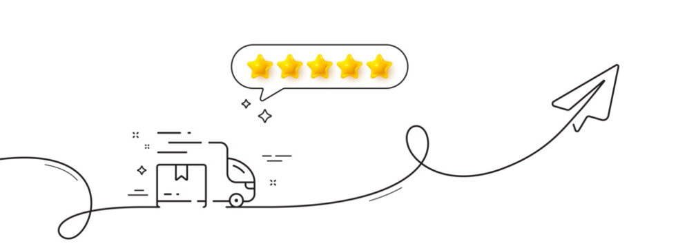 Delivery truck line icon. Continuous line with share plane. Logistic service sign. Export freight boxes symbol. Five star rate review in speech bubble. Delivery truck single line ribbon. Vector