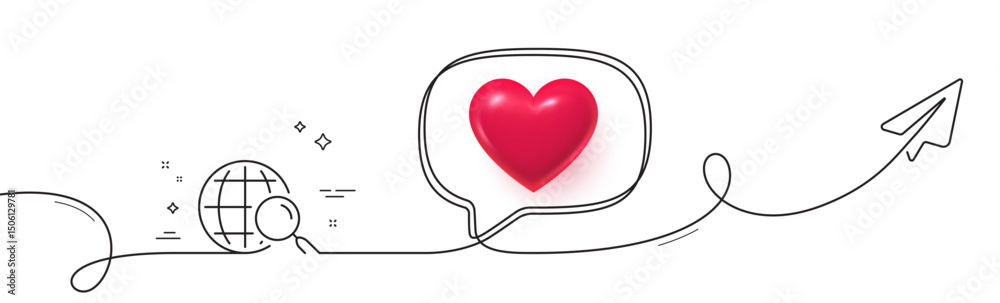 Poster web search line icon. continuous line with share plane. find internet results sign. 3d heart in spee