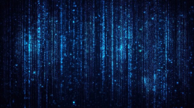 Streaming binary code rain with digital numbers, deep blue abstract background