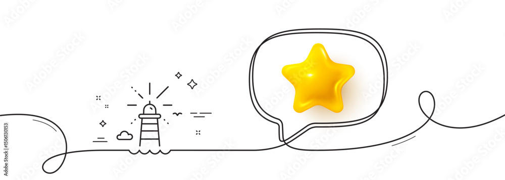 Poster lighthouse line icon. continuous line with 3d star. beacon tower sign. searchlight building symbol. 