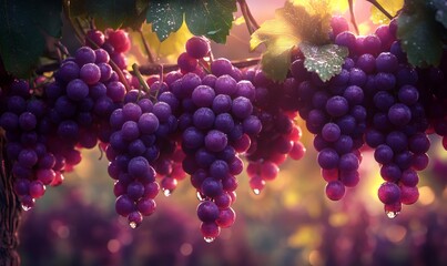 Bunches of ripe purple grapes hang on the vine, glistening with dew at sunset, ready for harvest