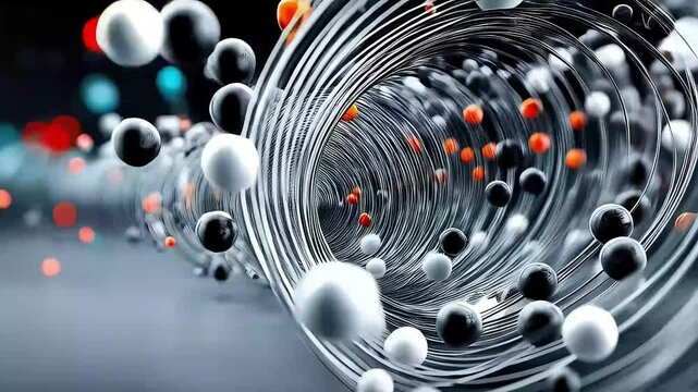 Spiral of Shiny Spheres - Futuristic, Mesmerizing, Complex - A spiral structure formed by interconnected shiny spheres, each reflecting light in a dynamic pattern. The spiral appears to descend or asc